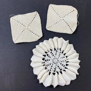 Set of 3 Vintage Handmade Beige Crochet Square Floral Coasters